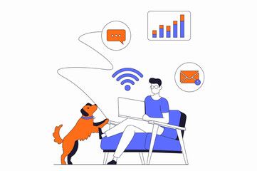 Freelance working concept with people scene in flat outline design. Man doing tasks remotely and works on laptop using wifi at home office. Illustration with line character situation for web