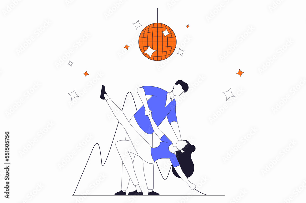 Poster hobby concept with people scene in flat outline design. man and woman are engaged in dancing and dan