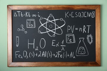 Blackboard with different chemical formulas written with chalk on light green wall