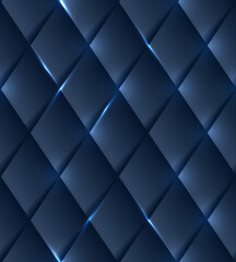 Fototapeta na wymiar Seamless illustration of blue background with shiny geometric grid. Rhombic pattern with light sparkles. Realistic abstact texture with polygonal alozenge shadows. 