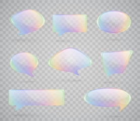 Abstract glass speech bubbles collection. Colorful iridescent icons set. Holographic transparent banners. 