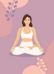 Fototapeta na wymiar Yoga woman brunnet. Healthy lifestyle concept, sport. Workout sport concept. Relax, meditation. Illustration on the abstract background in a simple style.