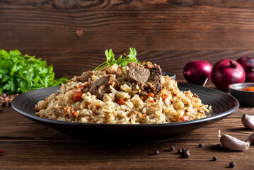 uzbek pilaf on a plate dish of oriental cuisine