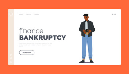 Finance Bankruptcy Landing Page Template. No Money, Poverty, Poorness, Misery Concept. Black Character Show Empty Wallet