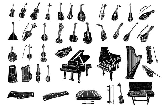 Set of stringed musical instruments. Classical orchestra. Art sound tool and acoustic symphony. Stringed fiddle wooden equipment vector illustration