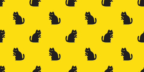 cat seamless pattern black kitten vector calico sitting gift wrapping paper tile background scarf isolated repeat wallpaper cartoon illustration yellow design