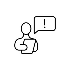 Announcement line icon. Speaker, speech bubble, exclamation point, person, speaker, business, ideas, news, important announcement. Communication concept. Vector black line icon on a white background