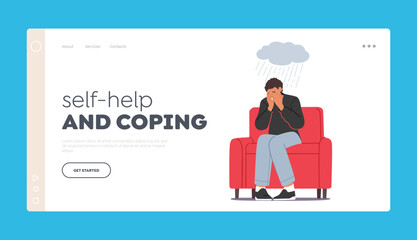 Self-help and Coping Landing Page Template. Sad and Desperate Male Character Feel Frustrated. Anxious Young Man
