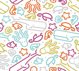 Marine animals set linear pattern seamless. background Octopus and turtle, fish and shrimp. Whale and starfish. Sea animal Ornament of kids fabric