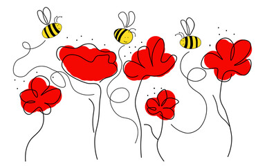 czerwone maki i pszczoły na łące png - obrazy, fototapety, plakaty