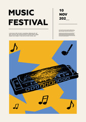 Harmonica, harp, organ. Music festival poster. Reed musical instruments. Competition.  A set of vector illustrations. Minimalistic design. Banner, flyer, cover, print. - obrazy, fototapety, plakaty