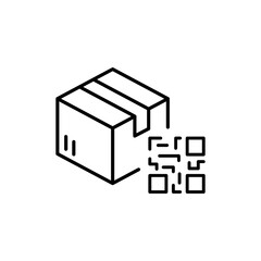 Parcel and QRCode line icon. Data, database, search, transportation, coding, technology, marking, product coding. The concept of data encryption. Vector black line icon on white background