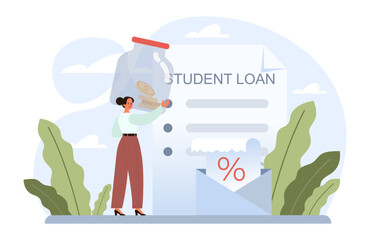 Education loan. Student characters paying debt for education.