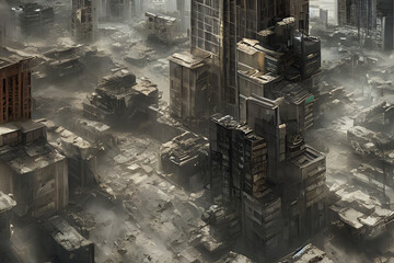 Post-apocalyptic conflict-scarred ruins of a big city as seen from above. Generative AI creation.