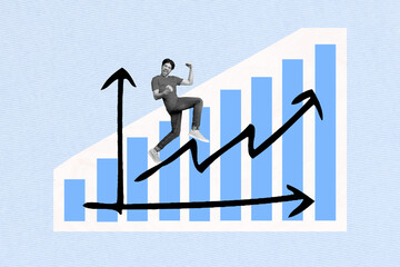 Creative photo 3d collage artwork postcard poster of funny man rejoice high level salary profession growth isolated on painting background