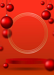 Beautiful Christmas card with red balls, a gold frame3d rendering of empty red abstract minimal background with podium. Scene for advertising, cosmetic advertising, showcase, presentation, site