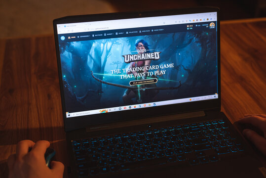 Gods Unchained, collectable trading card game, on Lenovo laptop display on November 19, 2022, in Tbilisi, Georgia. This is a play-to-earn NFT blockchain game hosted on Immutable X (Ethereum ecosystem)