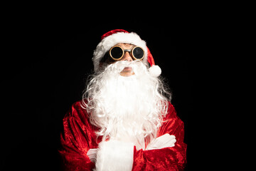 cyberpunk santa claus model with glasses and black background