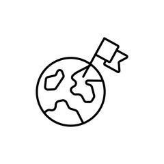 Flag on globe line icon. Map, globe, geography, target, mark, place, goal, path, race, performance, designation. Geography concept. Vector black line icon on a white background