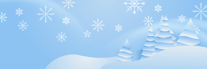 Blue christmas banner with snowflakes. Merry Christmas and Happy New Year greeting banner. Horizontal new year background, headers, posters, cards, website. Vector illustration