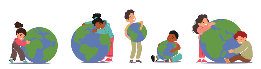 Set Little Kids Hugging Earth Planet. Boys and Girls Characters Embrace with Love Sphere with Continents and Oceans