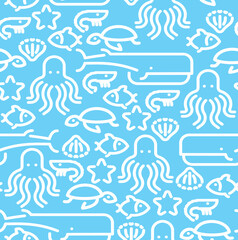 Marine animals set linear pattern seamless. background Octopus and turtle, fish and shrimp. Whale and starfish. Sea animal Ornament of kids fabric