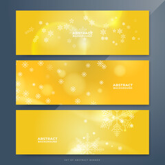 Fototapeta na wymiar Yellow white christmas wide banner with snowflake bokeh decoration. Winter banner with snowflake. Horizontal new year background, headers, posters, cards, website. Vector illustration