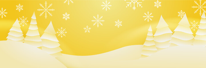 Yellow white christmas wide banner with snowflake bokeh decoration. Winter banner with snowflake. Horizontal new year background, headers, posters, cards, website. Vector illustration