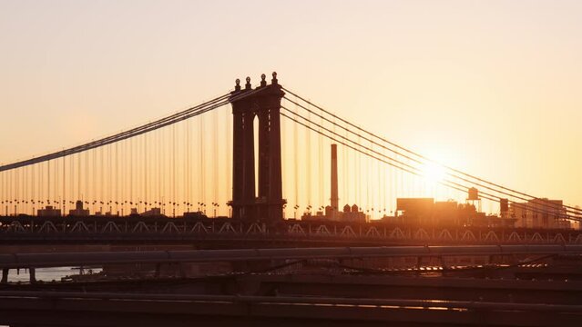 Brooklyn Bridge At Sunset Spanning The East River In New York City, USA. - wide