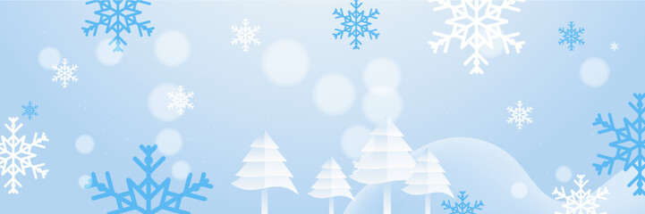 Blue and white christmas banner with snowflakes. Merry Christmas and Happy New Year greeting banner. Horizontal new year background, headers, posters, cards, website. Vector illustration