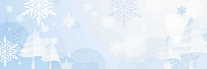 Obraz na płótnie Canvas Blue and white christmas banner with snowflakes. Merry Christmas and Happy New Year greeting banner. Horizontal new year background, headers, posters, cards, website. Vector illustration