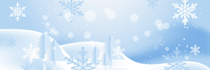 Fototapeta na wymiar Blue and white christmas banner with snowflakes. Merry Christmas and Happy New Year greeting banner. Horizontal new year background, headers, posters, cards, website. Vector illustration