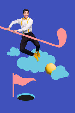 Vertical collage picture of excited cheerful guy jumping hold drawing golf club kick ball hole isolated on painted clouds sky background