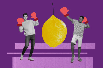 Creative collage image of two black white colors excited guys wear boxing gloves hanging huge lemon instead punching bag