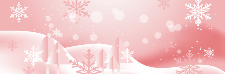 Pink and white christmas wide banner with snowflake bokeh decoration. Winter banner with snowflake. Horizontal new year background, headers, posters, cards, website. Vector illustration