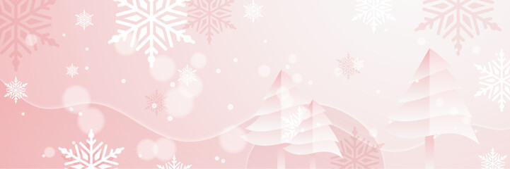 Pink and white christmas wide banner with snowflake bokeh decoration. Winter banner with snowflake. Horizontal new year background, headers, posters, cards, website. Vector illustration