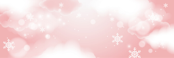Pink and white christmas wide banner with snowflake bokeh decoration. Winter banner with snowflake. Horizontal new year background, headers, posters, cards, website. Vector illustration