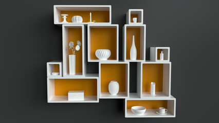 white wall shelf with white vases and white objects on dark wall - 3D Rendering