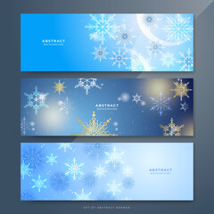 Fototapeta na wymiar Abstract Christmas banner with snowflake border decoration. Christmas background for poster, greeting card, wide banner, wallpaper, decor, header, landing page
