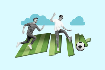 Creative collage picture of two excited sportive guys black white gamma running kick football...