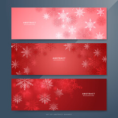 Red and white christmas wide banner with snowflake bokeh decoration. Winter banner with snowflake. Horizontal new year background, headers, posters, cards, website. Vector illustration