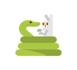 Snake hypnotizes rabbit. Snake wrapped around hare