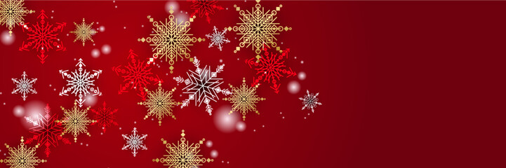 Obraz na płótnie Canvas Red and white christmas wide banner with snowflake bokeh decoration. Winter banner with snowflake. Horizontal new year background, headers, posters, cards, website. Vector illustration
