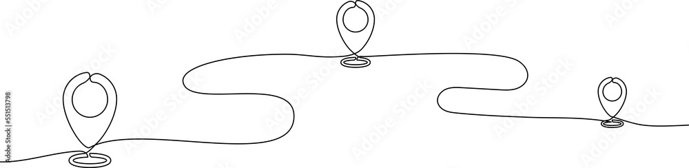 Leinwandbilder Continuous one line drawing of path with map location pointers. Single line route or way with map pin or navigation pointer that mark geolocation.