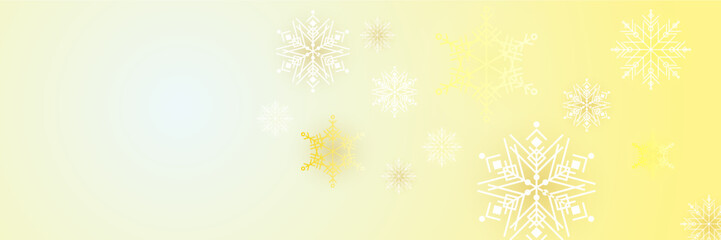 Fototapeta na wymiar Orange yellow and white christmas wide banner with snowflake bokeh decoration. Winter banner with snowflake. Horizontal new year warm background, headers, posters, cards, website. Vector illustration