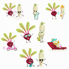 Set of vector illustrations of funny cartoon radish and beetroot character playing musical instruments, doing sports, relaxing, healthy food, kitchen, ingredients, kids t-shirt design.