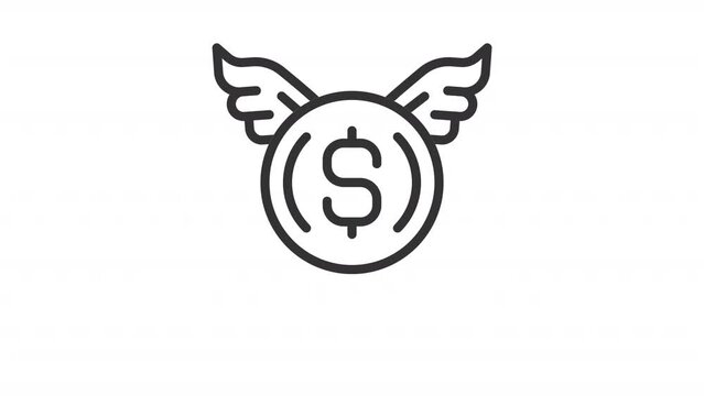 Animated coin with wings linear icon. Flying dollar sign. Financial aid sending. Seamless loop HD video with alpha channel on transparent background. Outline motion graphic animation
