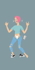 illustration of a girl dancing to the music with her pants falling down with pleasure