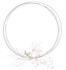 Watercolor painted floral wreath. Arrangement with eucalyptus branch and pink gold dust leaves..Cut out hand drawn PNG illustration on transparent background. Watercolour isolated clipart drawing.