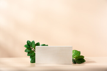 Wooden cube podium with green leaves on light beige background. Minimal wooden stand for branding and packaging presentation